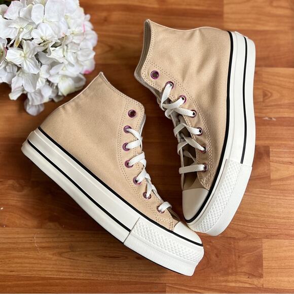 NEW Womens Size 9.5 Custom Converse Lift OX High Top Platform Tan Canvas Shos - Picture 2 of 10
